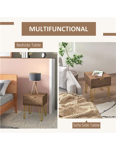 HOMCOM Bedside Table Set of 2 with Drawer, Wooden Nightstand, Modern Sofa Side Table with Gold Tone Metal Legs for Bedroom
