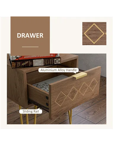 HOMCOM Bedside Table Set of 2 with Drawer, Wooden Nightstand, Modern Sofa Side Table with Gold Tone Metal Legs for Bedroom