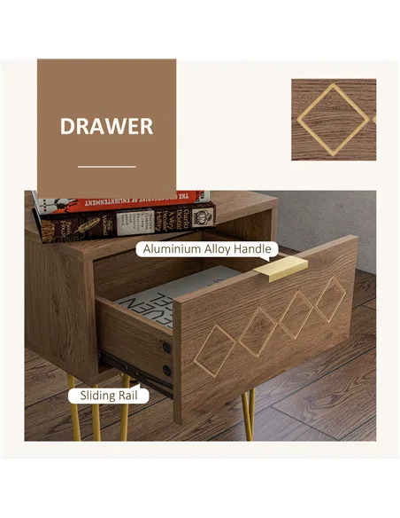 HOMCOM Bedside Table Set of 2 with Drawer, Wooden Nightstand, Modern Sofa Side Table with Gold Tone Metal Legs for Bedroom