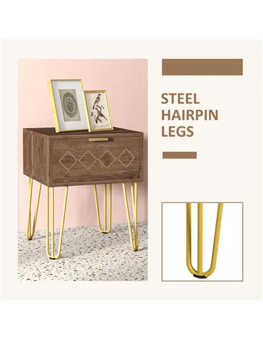 HOMCOM Bedside Table Set of 2 with Drawer, Wooden Nightstand, Modern Sofa Side Table with Gold Tone Metal Legs for Bedroom