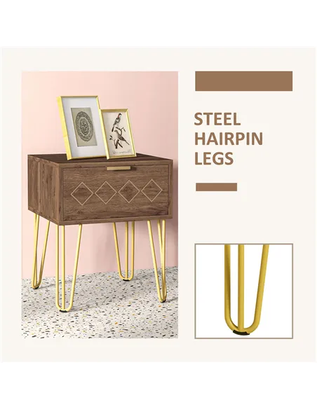 HOMCOM Bedside Table Set of 2 with Drawer, Wooden Nightstand, Modern Sofa Side Table with Gold Tone Metal Legs for Bedroom