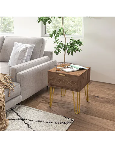 HOMCOM Bedside Table Set of 2 with Drawer, Wooden Nightstand, Modern Sofa Side Table with Gold Tone Metal Legs for Bedroom