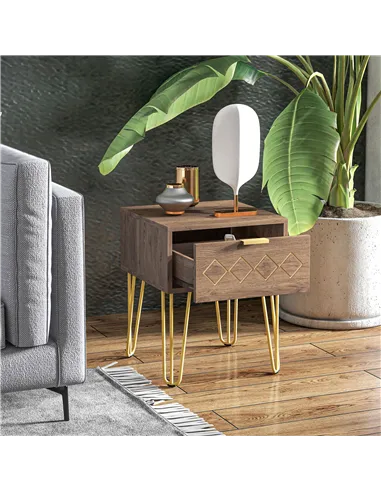 HOMCOM Bedside Table Set of 2 with Drawer, Wooden Nightstand, Modern Sofa Side Table with Gold Tone Metal Legs for Bedroom