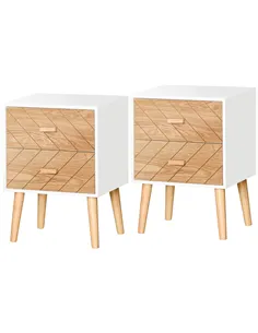 HOMCOM 2 Drawers Bedside Table with Pine Legs, Bedroom Wooden Storage Cabinet, Set of 2, Natural