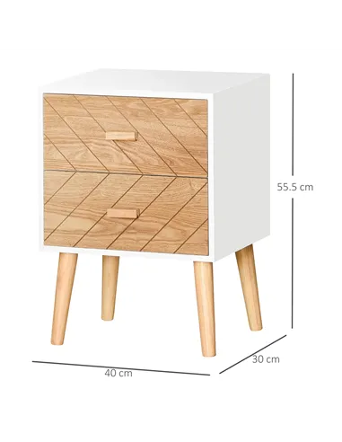 HOMCOM 2 Drawers Bedside Table with Pine Legs, Bedroom Wooden Storage Cabinet, Set of 2, Natural