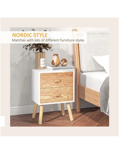 HOMCOM 2 Drawers Bedside Table with Pine Legs, Bedroom Wooden Storage Cabinet, Set of 2, Natural