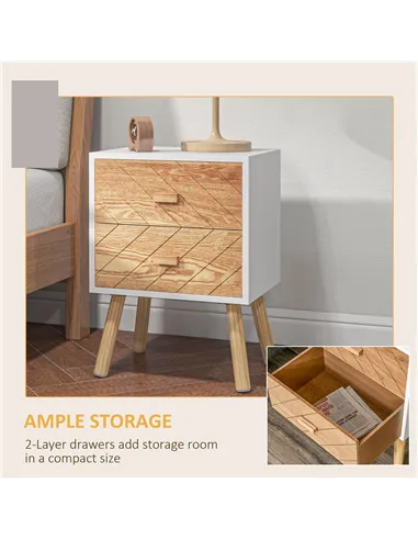 HOMCOM 2 Drawers Bedside Table with Pine Legs, Bedroom Wooden Storage Cabinet, Set of 2, Natural