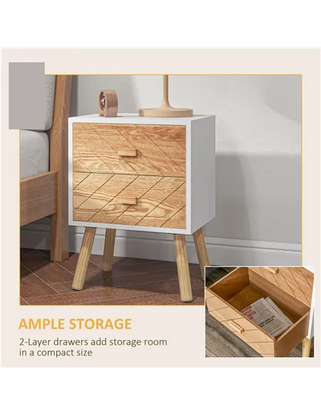 HOMCOM 2 Drawers Bedside Table with Pine Legs, Bedroom Wooden Storage Cabinet, Set of 2, Natural