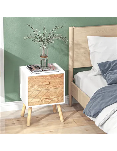 HOMCOM 2 Drawers Bedside Table with Pine Legs, Bedroom Wooden Storage Cabinet, Set of 2, Natural