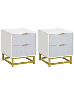 HOMCOM Bedside Table with 2 Drawers, Side Table, Bedside Cabinet with Steel Frame for Living Room, Bedroom, Set of 2, Grey and W