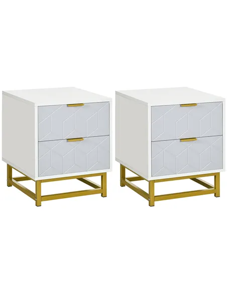 HOMCOM Bedside Table with 2 Drawers, Side Table, Bedside Cabinet with Steel Frame for Living Room, Bedroom, Set of 2, Grey and W