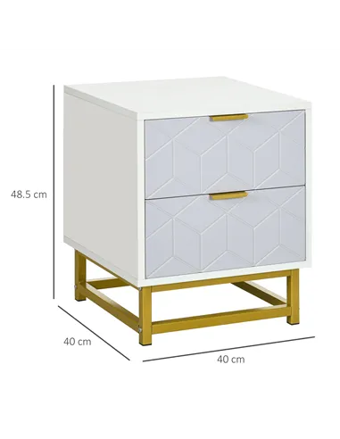HOMCOM Bedside Table with 2 Drawers, Side Table, Bedside Cabinet with Steel Frame for Living Room, Bedroom, Set of 2, Grey and W