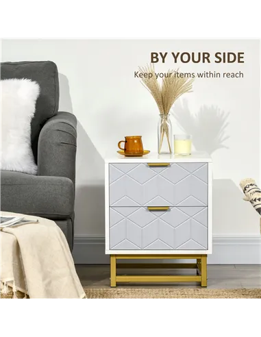 HOMCOM Bedside Table with 2 Drawers, Side Table, Bedside Cabinet with Steel Frame for Living Room, Bedroom, Set of 2, Grey and W