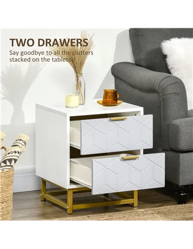 HOMCOM Bedside Table with 2 Drawers, Side Table, Bedside Cabinet with Steel Frame for Living Room, Bedroom, Set of 2, Grey and W