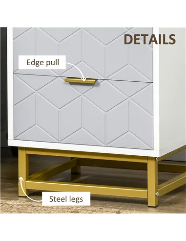 HOMCOM Bedside Table with 2 Drawers, Side Table, Bedside Cabinet with Steel Frame for Living Room, Bedroom, Set of 2, Grey and W