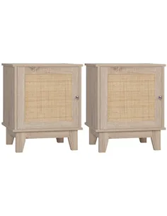 HOMCOM Bedside Table, Bedside Cabinet with Storage Cupboard, Side End Table with Rattan Element for Living Room, Bedroom, Set of