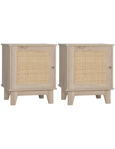 HOMCOM Bedside Table, Bedside Cabinet with Storage Cupboard, Side End Table with Rattan Element for Living Room, Bedroom, Set of