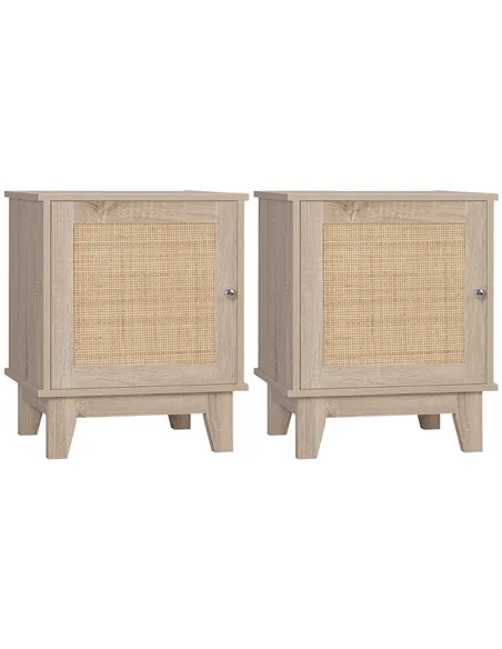 HOMCOM Bedside Table, Bedside Cabinet with Storage Cupboard, Side End Table with Rattan Element for Living Room, Bedroom, Set of
