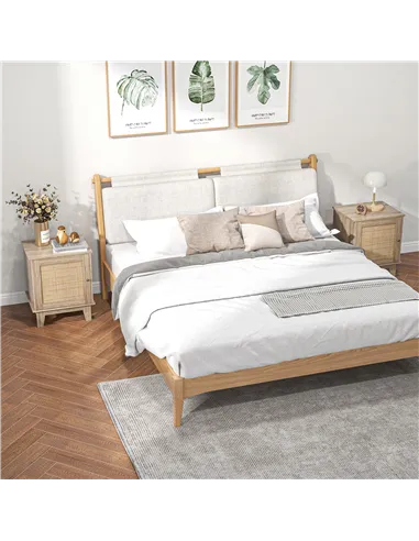 HOMCOM Bedside Table, Bedside Cabinet with Storage Cupboard, Side End Table with Rattan Element for Living Room, Bedroom, Set of