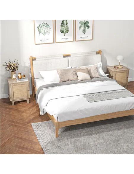 HOMCOM Bedside Table, Bedside Cabinet with Storage Cupboard, Side End Table with Rattan Element for Living Room, Bedroom, Set of