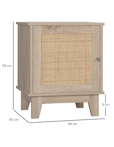 HOMCOM Bedside Table, Bedside Cabinet with Storage Cupboard, Side End Table with Rattan Element for Living Room, Bedroom, Set of