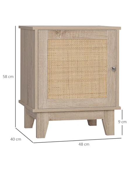 HOMCOM Bedside Table, Bedside Cabinet with Storage Cupboard, Side End Table with Rattan Element for Living Room, Bedroom, Set of
