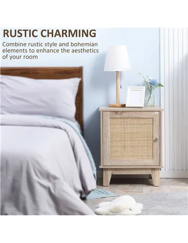HOMCOM Bedside Table, Bedside Cabinet with Storage Cupboard, Side End Table with Rattan Element for Living Room, Bedroom, Set of