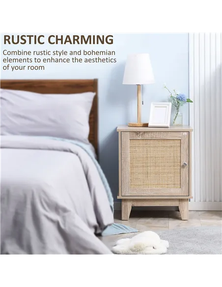 HOMCOM Bedside Table, Bedside Cabinet with Storage Cupboard, Side End Table with Rattan Element for Living Room, Bedroom, Set of