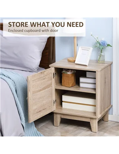 HOMCOM Bedside Table, Bedside Cabinet with Storage Cupboard, Side End Table with Rattan Element for Living Room, Bedroom, Set of