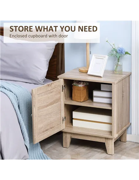 HOMCOM Bedside Table, Bedside Cabinet with Storage Cupboard, Side End Table with Rattan Element for Living Room, Bedroom, Set of