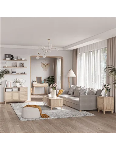 HOMCOM Bedside Table, Bedside Cabinet with Storage Cupboard, Side End Table with Rattan Element for Living Room, Bedroom, Set of