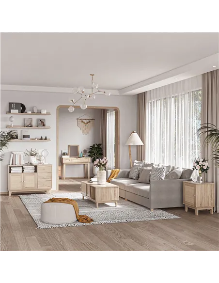 HOMCOM Bedside Table, Bedside Cabinet with Storage Cupboard, Side End Table with Rattan Element for Living Room, Bedroom, Set of