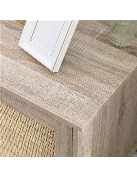 HOMCOM Bedside Table, Bedside Cabinet with Storage Cupboard, Side End Table with Rattan Element for Living Room, Bedroom, Set of