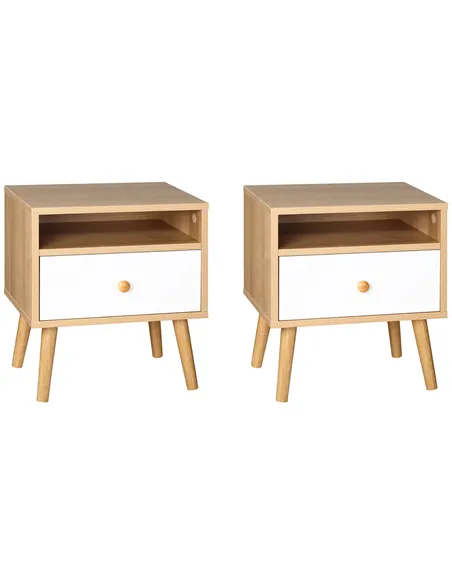 HOMCOM Bedside Table, Bedside Cabinet with Drawer and Shelf, Modern Nightstand, End Table for Living Room, Bedroom, Set of 2, Na
