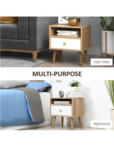 HOMCOM Bedside Table, Bedside Cabinet with Drawer and Shelf, Modern Nightstand, End Table for Living Room, Bedroom, Set of 2, Na