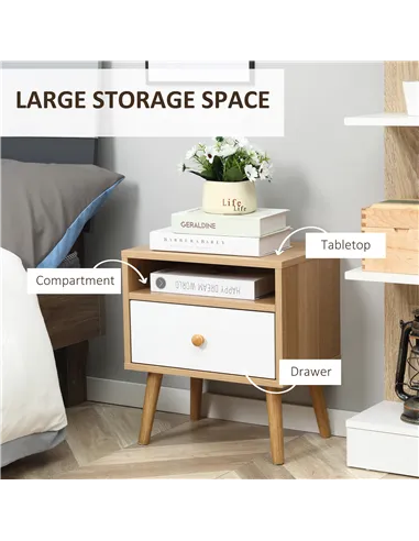 HOMCOM Bedside Table, Bedside Cabinet with Drawer and Shelf, Modern Nightstand, End Table for Living Room, Bedroom, Set of 2, Na
