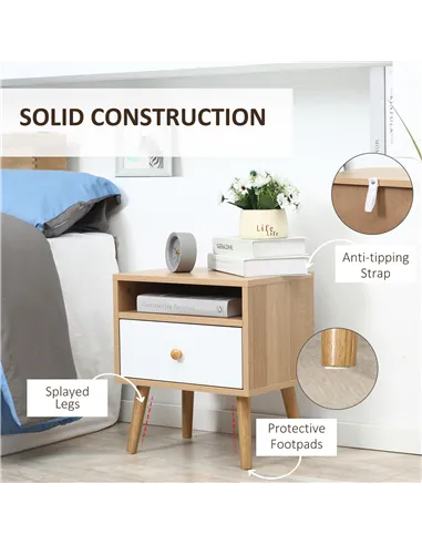 HOMCOM Bedside Table, Bedside Cabinet with Drawer and Shelf, Modern Nightstand, End Table for Living Room, Bedroom, Set of 2, Na