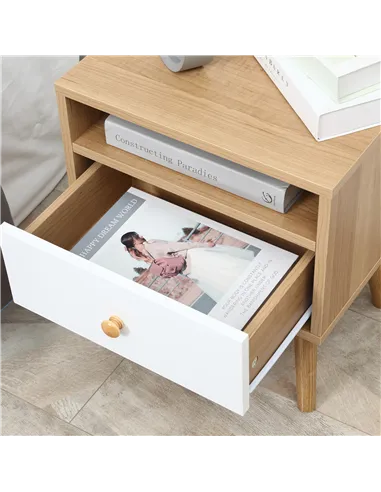 HOMCOM Bedside Table, Bedside Cabinet with Drawer and Shelf, Modern Nightstand, End Table for Living Room, Bedroom, Set of 2, Na