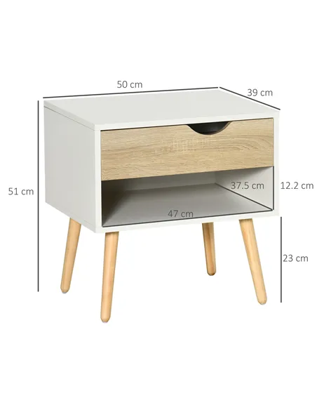 HOMCOM Bedside Table with Drawer and Shelf, Modern Nightstand, End Table for Bedroom, Living Room, Set of 2