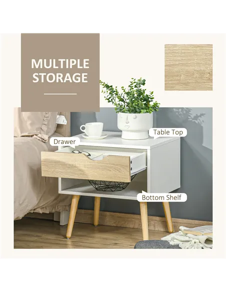 HOMCOM Bedside Table with Drawer and Shelf, Modern Nightstand, End Table for Bedroom, Living Room, Set of 2