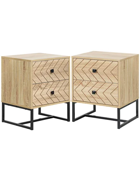 HOMCOM Bedside Table Nightstand Two-Drawer Bedroom Storage Unit Zig Zag Design with Black Metal Handles, Set of 2, Natural