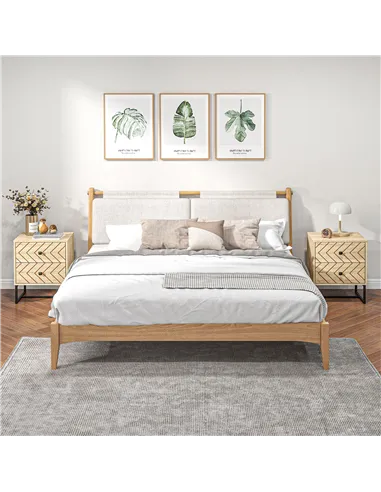 HOMCOM Bedside Table Nightstand Two-Drawer Bedroom Storage Unit Zig Zag Design with Black Metal Handles, Set of 2, Natural