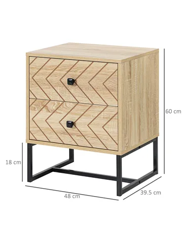 HOMCOM Bedside Table Nightstand Two-Drawer Bedroom Storage Unit Zig Zag Design with Black Metal Handles, Set of 2, Natural
