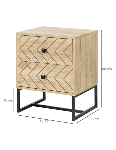 HOMCOM Bedside Table Nightstand Two-Drawer Bedroom Storage Unit Zig Zag Design with Black Metal Handles, Set of 2, Natural