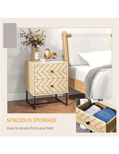 HOMCOM Bedside Table Nightstand Two-Drawer Bedroom Storage Unit Zig Zag Design with Black Metal Handles, Set of 2, Natural