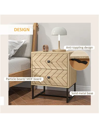 HOMCOM Bedside Table Nightstand Two-Drawer Bedroom Storage Unit Zig Zag Design with Black Metal Handles, Set of 2, Natural