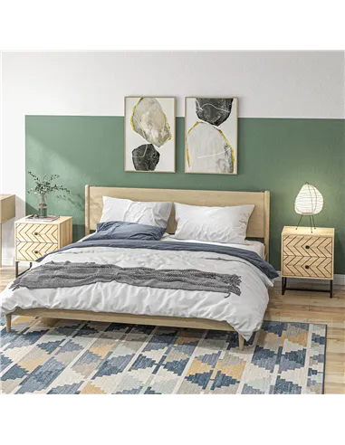 HOMCOM Bedside Table Nightstand Two-Drawer Bedroom Storage Unit Zig Zag Design with Black Metal Handles, Set of 2, Natural