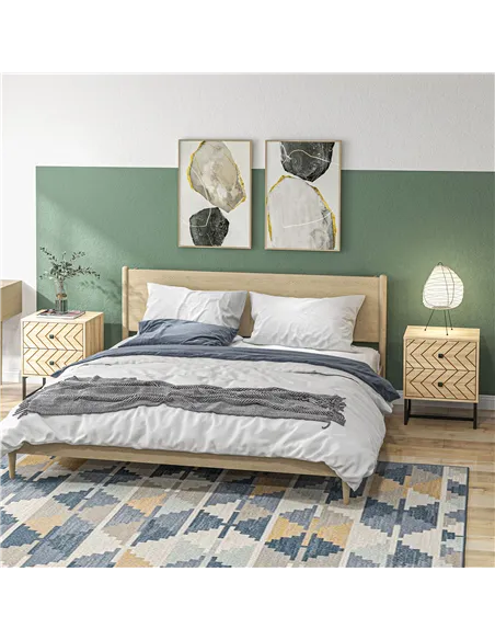 HOMCOM Bedside Table Nightstand Two-Drawer Bedroom Storage Unit Zig Zag Design with Black Metal Handles, Set of 2, Natural