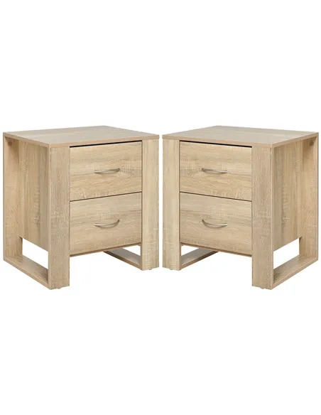 HOMCOM Bedside Table with 2 Drawers, Nightstand with Handles and Elevated Base, Side Table for Bedroom, Living Room, Set of 2, B