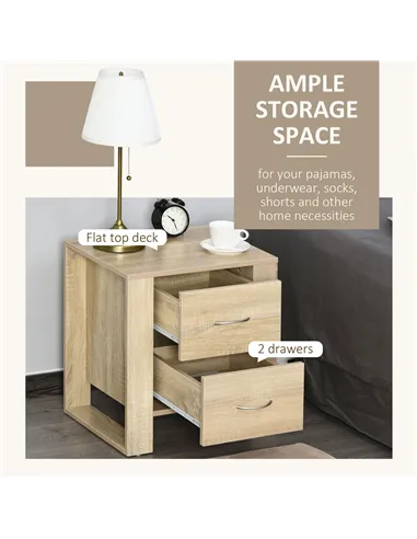 HOMCOM Bedside Table with 2 Drawers, Nightstand with Handles and Elevated Base, Side Table for Bedroom, Living Room, Set of 2, B